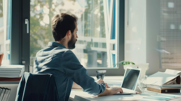 A man focuses on his work at a desk laptop open bathed in warm daylight streaming through large office windows The room exudes a serene and productive atmosphere