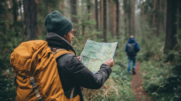 Photo man in forest studies map while hiking with companion both wearing backpacks