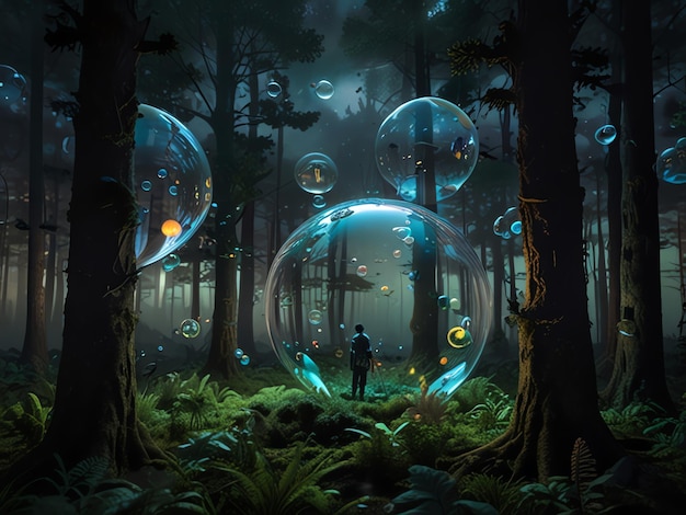 Photo a man in a forest with a bubble in the middle of it