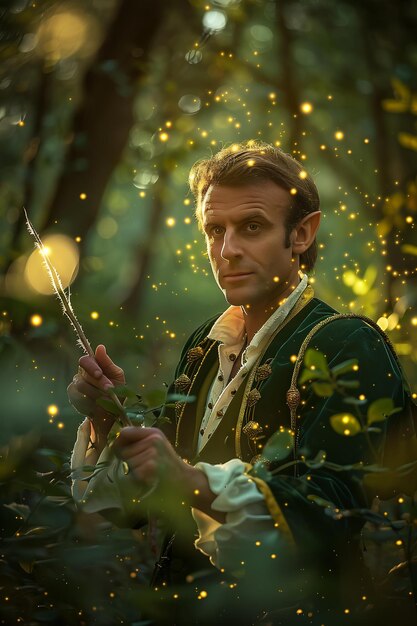 Photo a man in a forest with a green background with a sprig of gold glitter