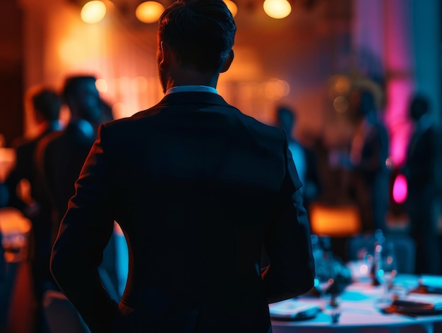 Man in formal attire observes bustling party atmosphere with interest