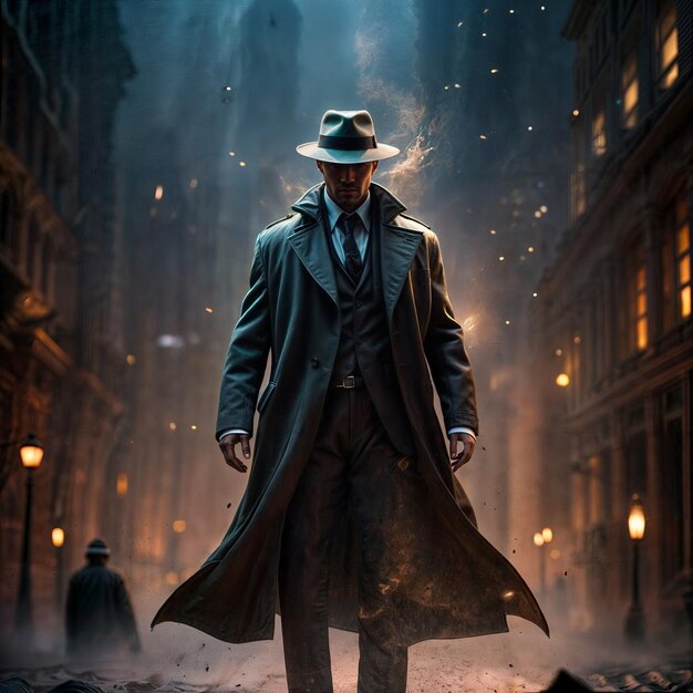 A man in a frock coat and hat strolls through the city streets at midnight