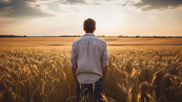 Man from behind gazing at the sunset over a peaceful wheat field symbolizing reflection