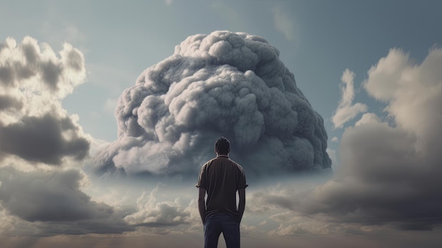 Man from reality with his head in the cloud Surreal illustration Generative ai