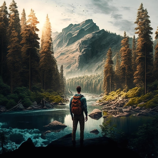 man from behind with backpack and equipment walking in a wonderful natural landscape generative ai