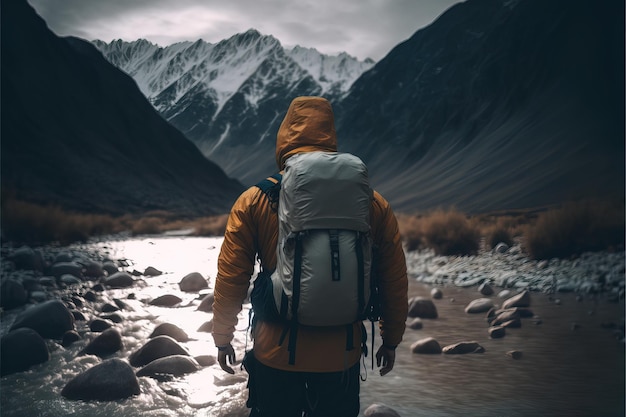 man from behind with backpack and equipment walking in a wonderful natural landscape generative ai