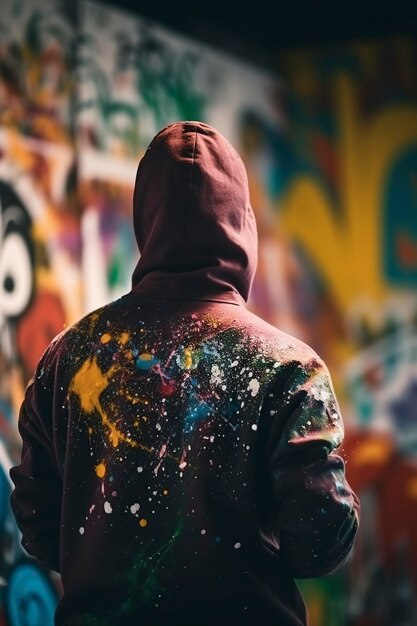 man from behind with a hood doing graffiti