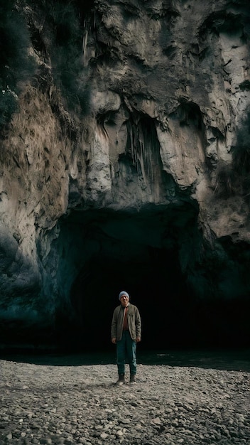 Photo man in front of the entrance to a cave