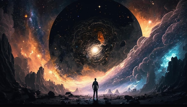 a man in front of the vast space of the universe