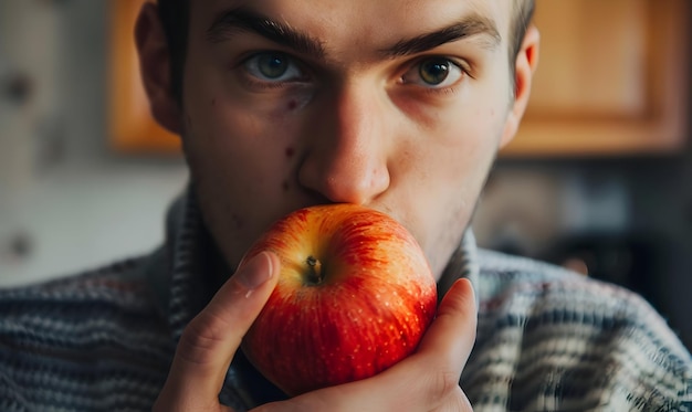 Photo man in front view eating apple in the kitchen