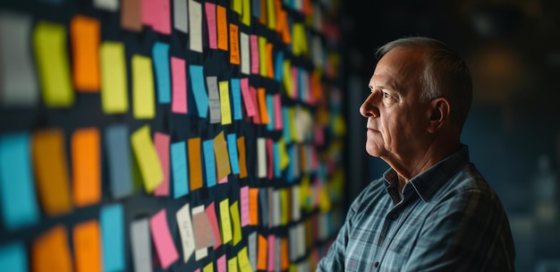 A man in front of a wall full of notes with financial idea thinking about the best way to save money