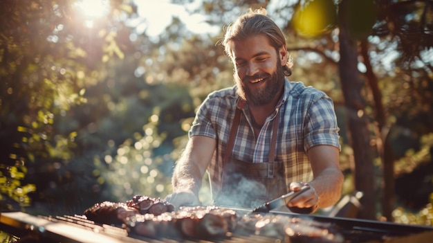 man frying meat on barbecue grill outdoors