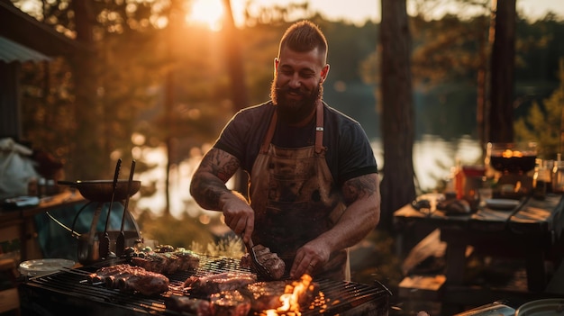 man frying meat on barbecue grill outdoors