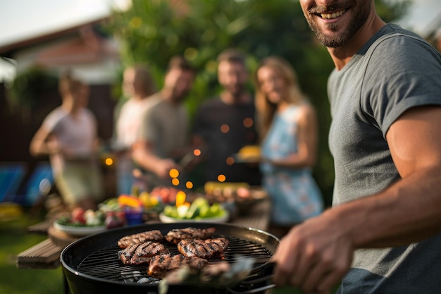 man frying meat on barbecue grill outdoors