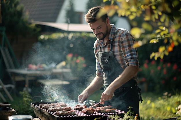 man frying meat on grill cooking food outdoors