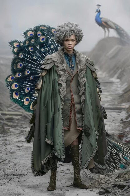 Photo a man in a fur coat and a green cape is standing in the rain