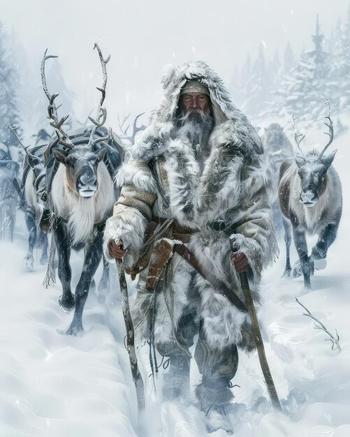 Photo a man in a fur coat with reindeer and reindeer