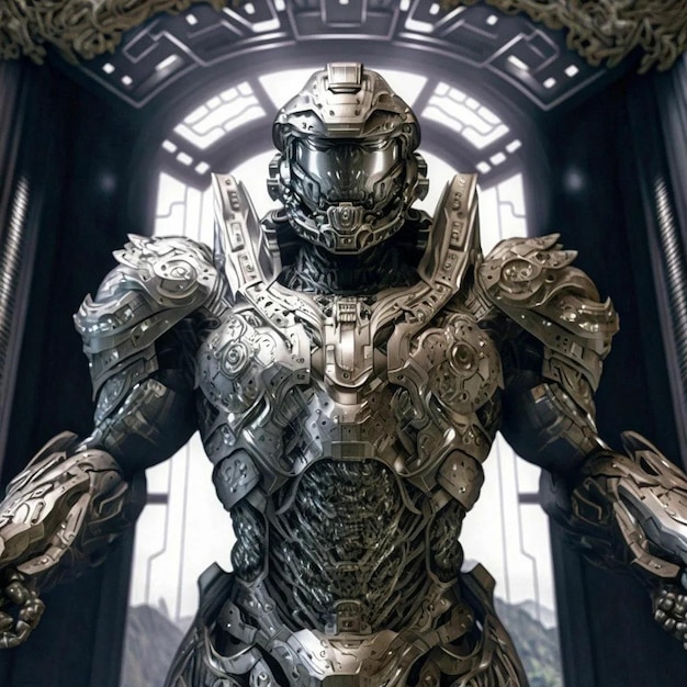 A man in a futuristic armour stands in front of a gate.