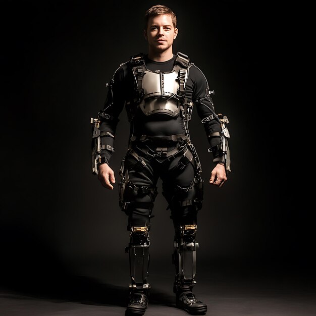 Photo man in futuristic exoskeleton suit standing against a black background