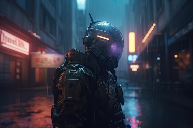 A man in a futuristic helmet stands in the rain in a rainy city.