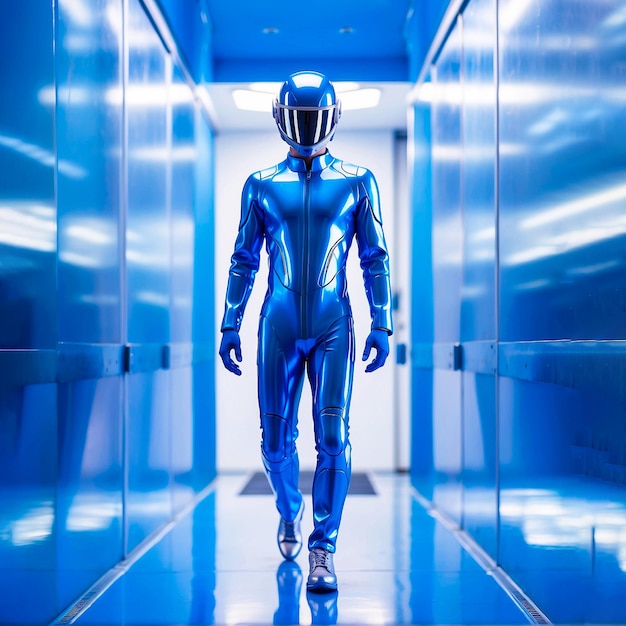 A man in a futuristic metallic blue suit walks through a bright blue tunnel