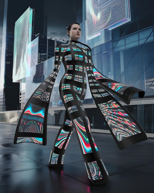 Photo a man in a futuristic outfit walks down a sidewalk