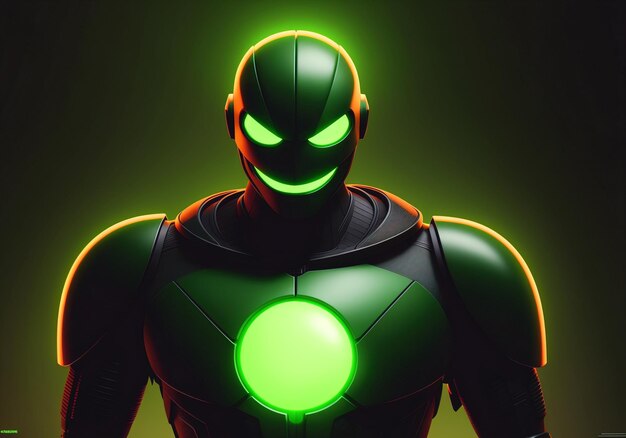 Man in a futuristic suit with glowing green eyes in front of a dark background Generative AI