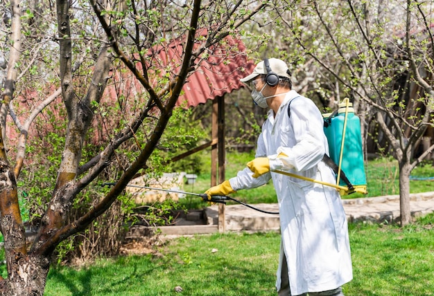 Man in a garden with pressure sprayer backpack protecting trees against pests and fungal diseases