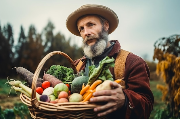 A man a gardener holding and showing his organic vegetable and fruit crops