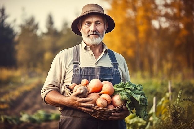 A man a gardener holding and showing his organic vegetable and fruit crops