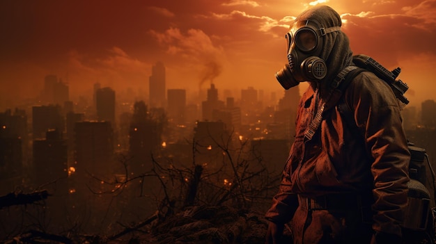 A man in a gas mask in the apocalypse