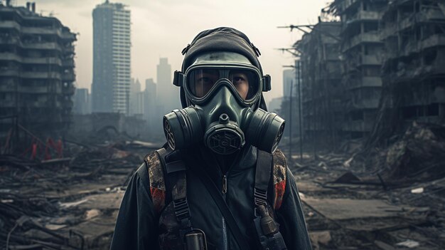 A man in a gas mask in the apocalypse