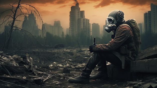 A man in a gas mask in the apocalypse