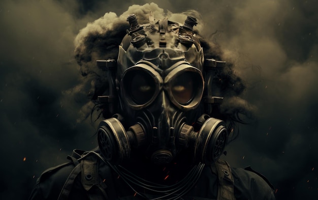 Man in gas mask in the desert Conceptual image of danger