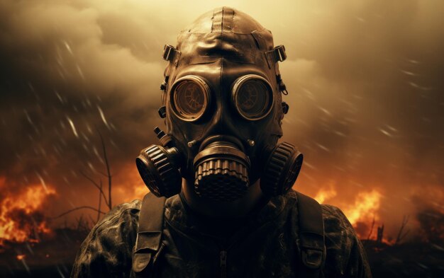 Man in gas mask in the desert Conceptual image of danger