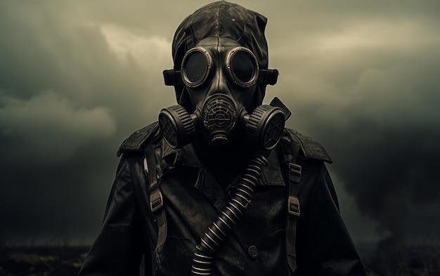 Man in gas mask in the desert Conceptual image of danger