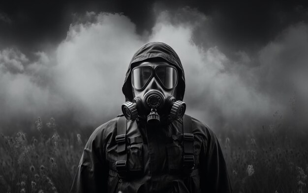 Man in gas mask and gas mask on the background of the forest