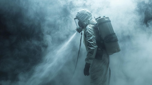 Photo a man in a gas mask is spraying water