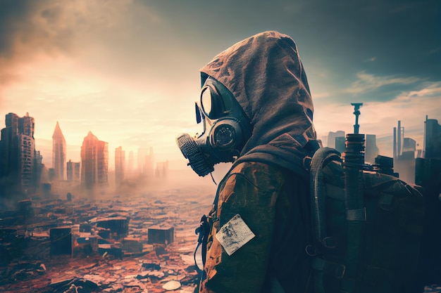 Man in gas mask postapocalypse world