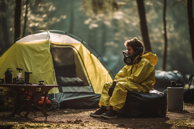 a man in a gas mask sits in front of a tent with a gas mask on.