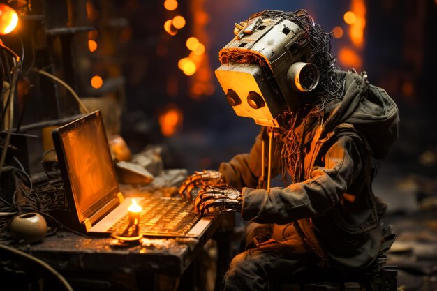 Man in gas mask sitting in front of laptop Generative AI