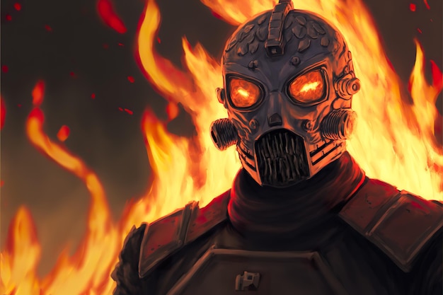 A man in a gas mask stands in a blazing fire