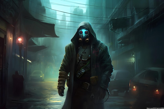 A man in a gas mask stands in a dark street with a neon sign that says'cyberpunk '