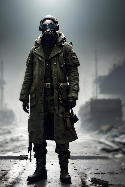 Photo a man in a gas mask stands in a ruined city.