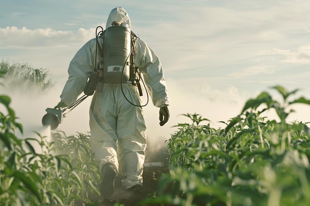 Photo a man in a gas mask walks through a field of crops