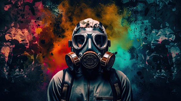 A man in a gas mask with the abstract background