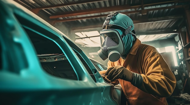 A man in a gas mask works on a car in a garage