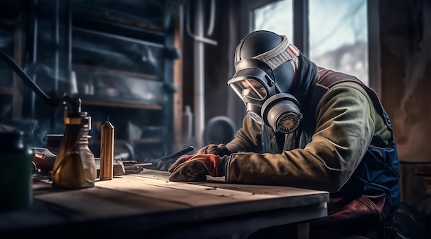 A man in a gas mask works on a table with a piece of wood.