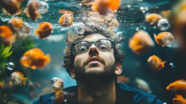 Photo a man gazes upward surrounded by vibrant fish in an aquarium creating an enchanting underwater atmosphere that captivates his attention and curiosity