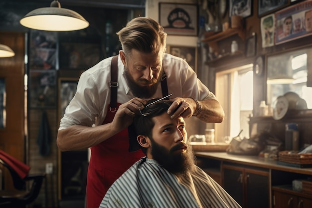 Man getting a haircut in a barbershop Photo young bearded man sitting and getting haircut in barber